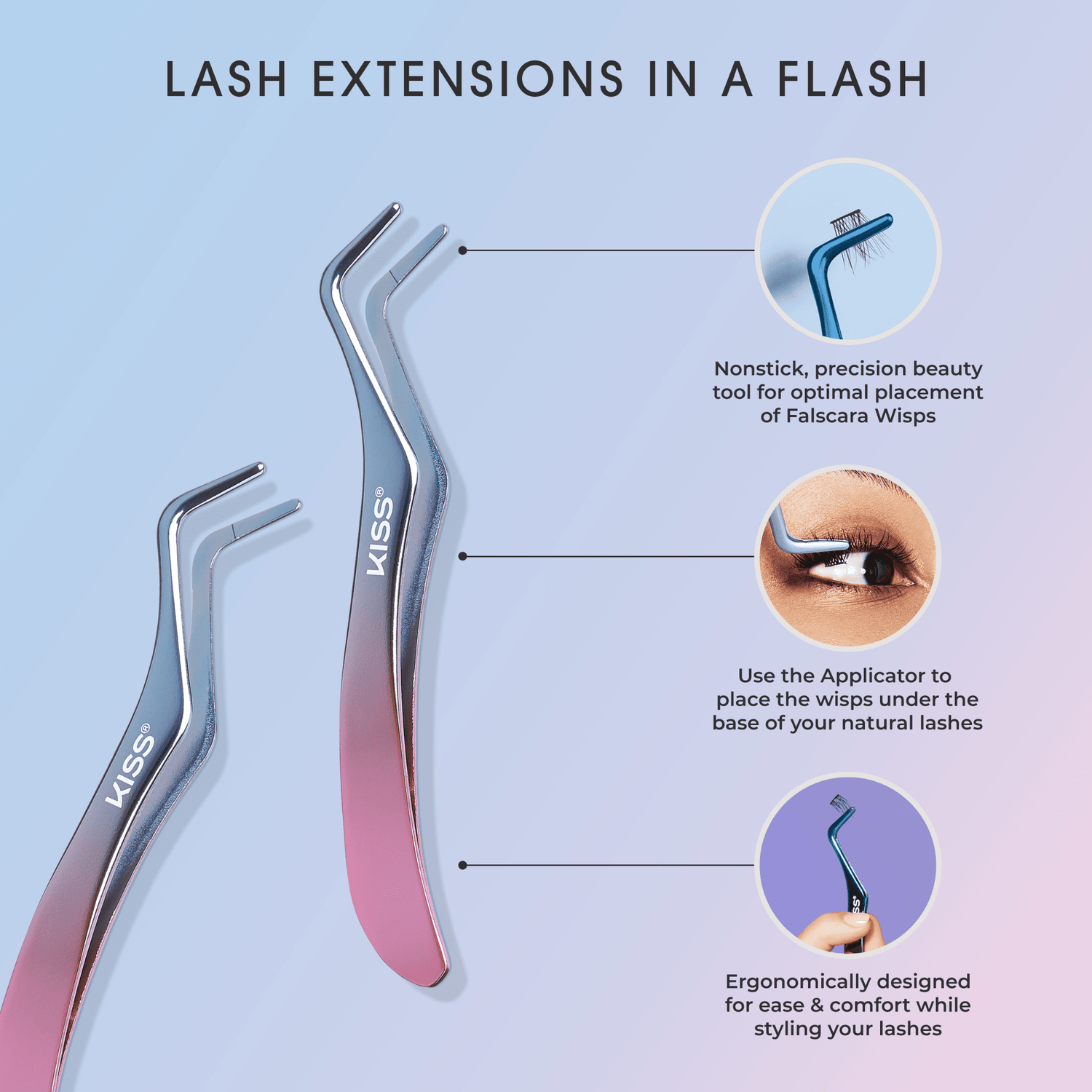 Two metallic KISS-branded lash extension applicators on a blue-pink gradient background with text \