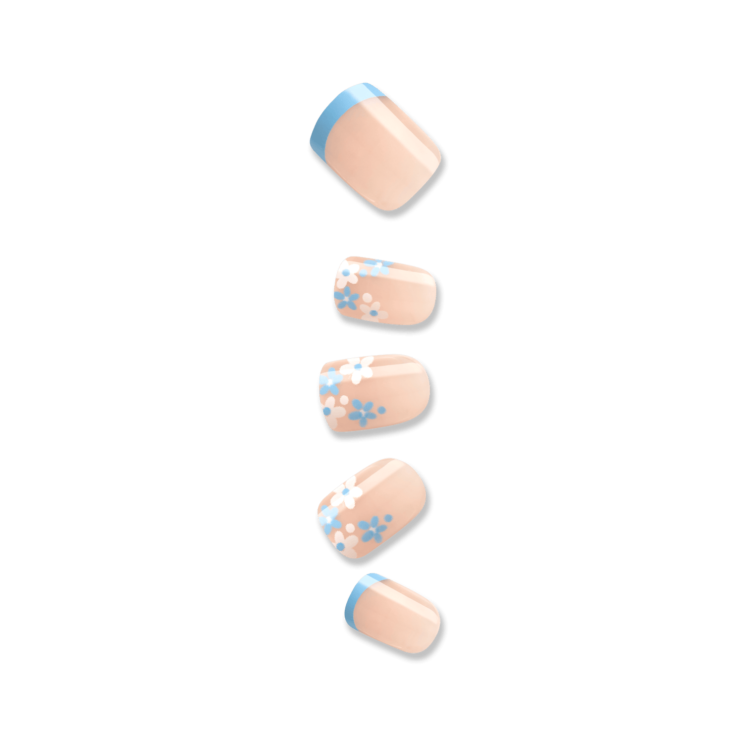 Five press-on nails in a soft nude shade with sky blue French tips on two nails and white and blue floral designs on the other three.