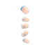 Five press-on nails in a soft nude shade with sky blue French tips on two nails and white and blue floral designs on the other three.