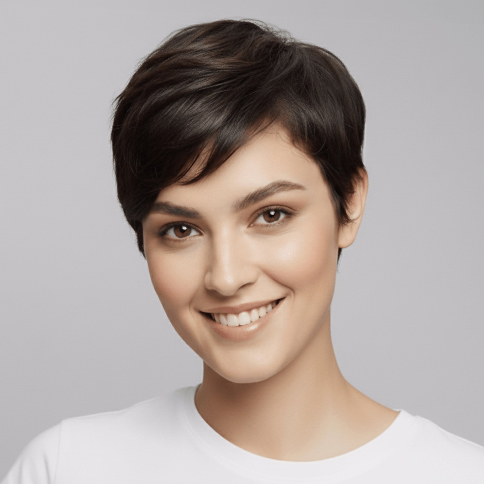 Smiling woman with short, dark brown, smoothly styled hair against a plain light gray background, showcasing a sleek, polished look.