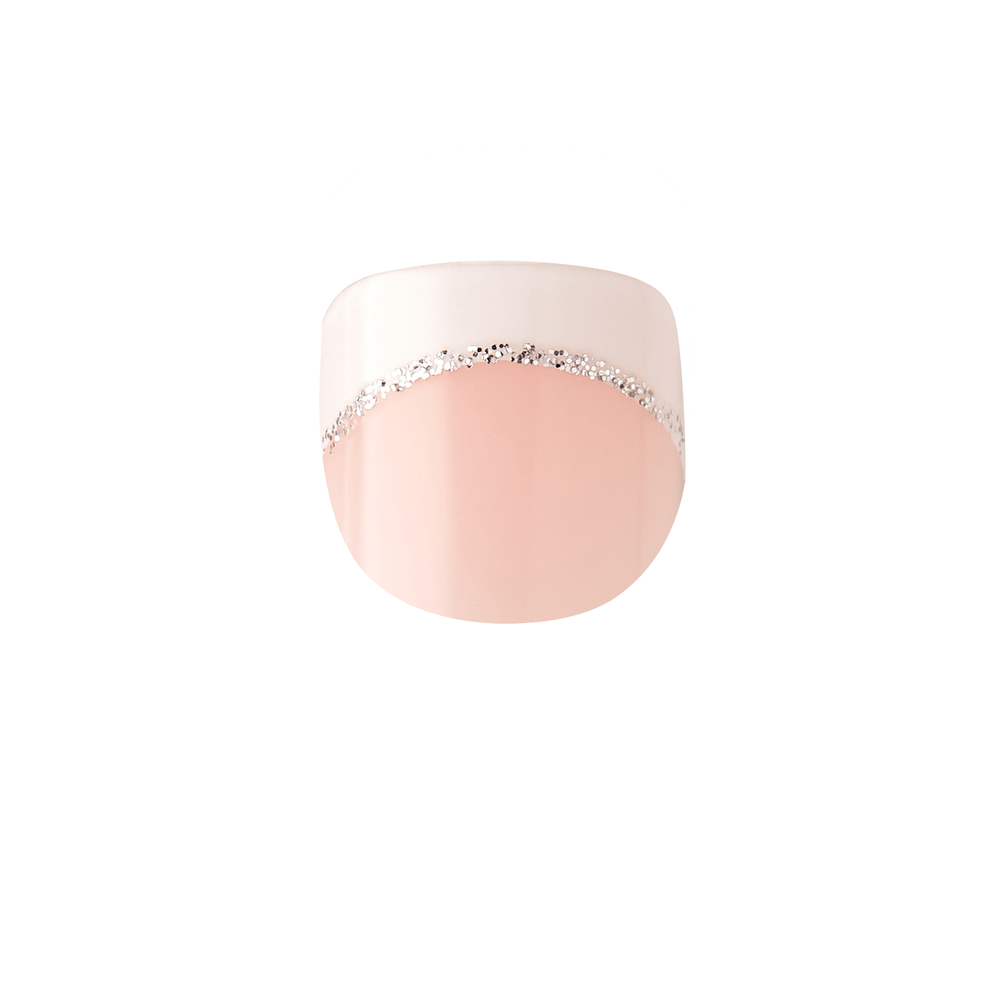 Press-on nail with a soft pink base, a light beige tip, and a curved line of silver glitter separating the two colors.