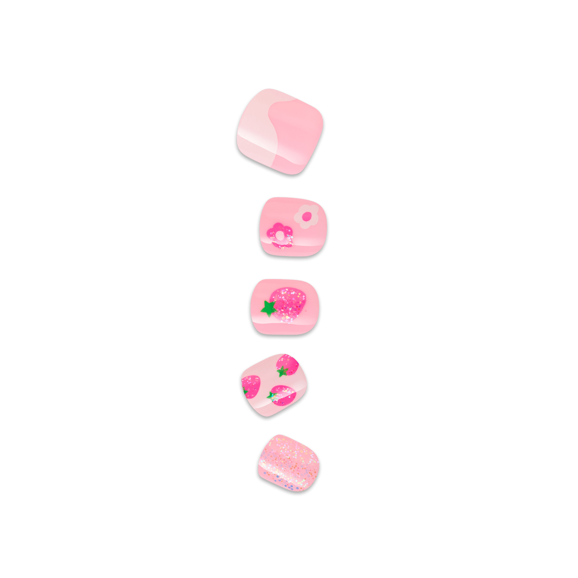 Five press-on nails for kids displayed vertically with pink designs including solid pink, pink with small flowers, pink with glittery strawberries, pink with multiple strawberries, and pink with glitter accents.