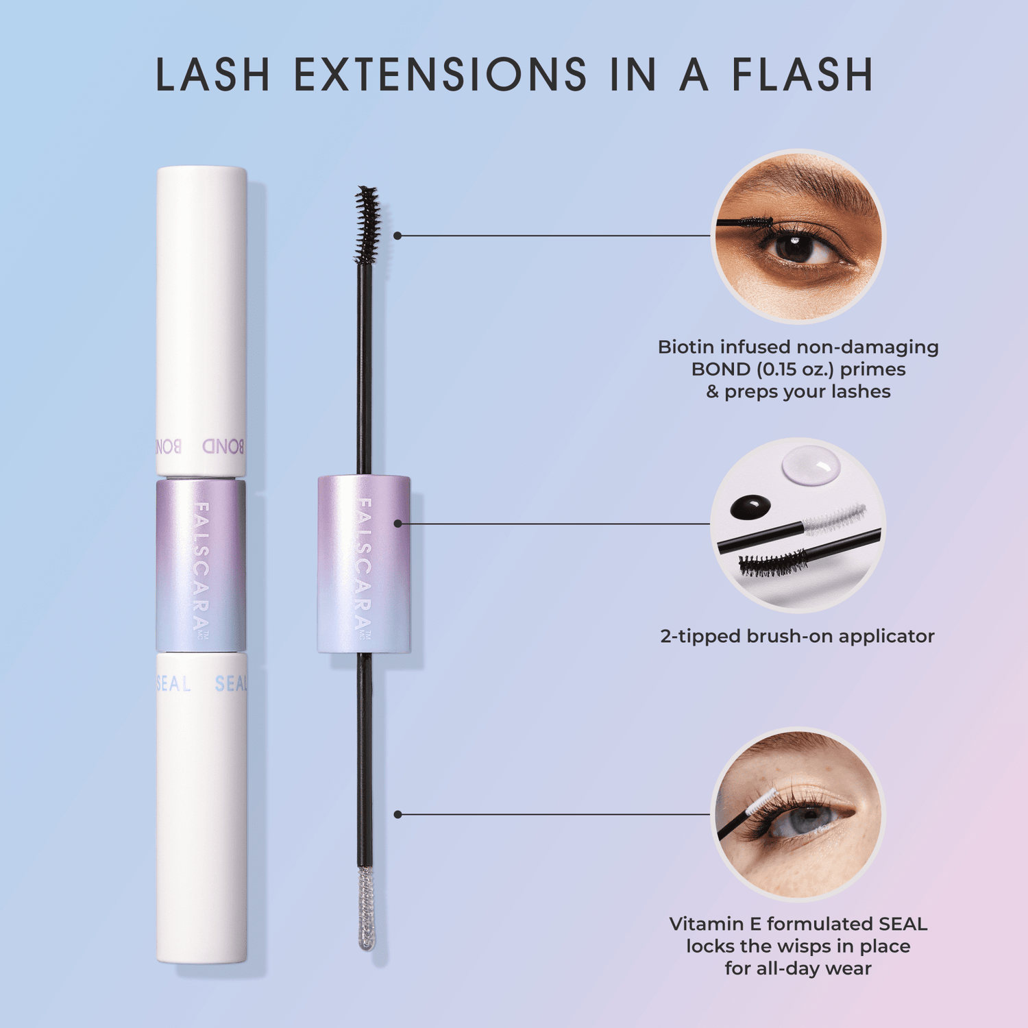 Dual-ended FALSCARA Bond &amp; Seal lash product with black and clear brushes, highlighting biotin-infused bond primer and Vitamin E seal for all-day wear.