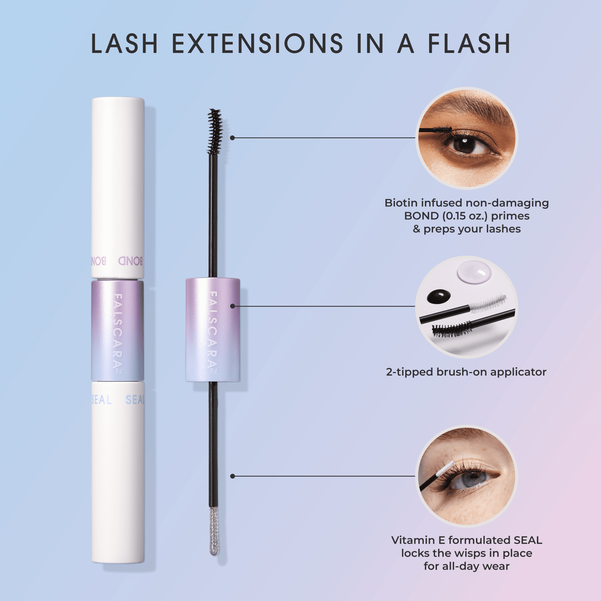 Dual-ended FALSCARA Bond &amp; Seal lash product with black and clear brushes, highlighting biotin-infused bond primer and Vitamin E seal for all-day wear.