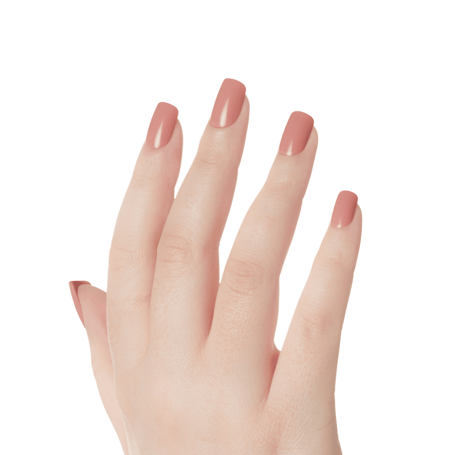 Hand with medium-length, square-shaped press on nails in a muted mauve color with a glossy finish.