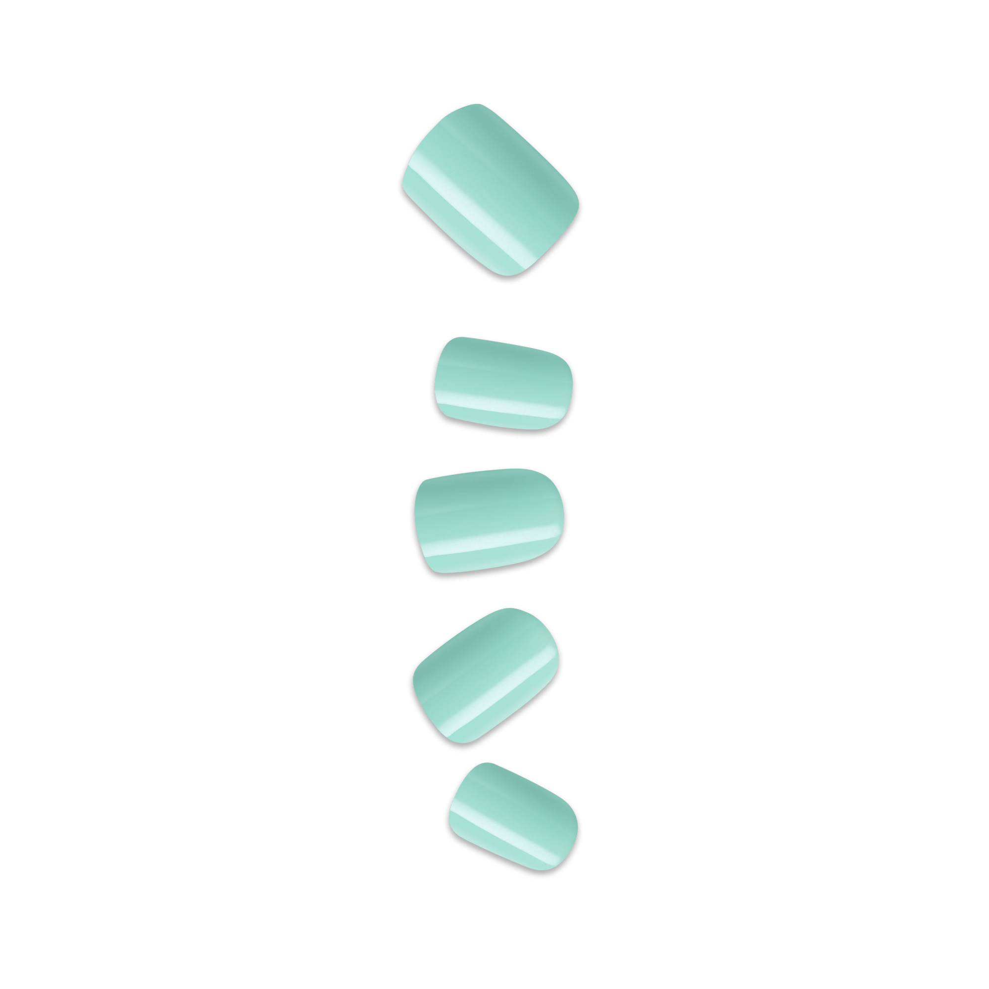 Five turquoise press-on nails in various rounded and squared shapes arranged vertically.