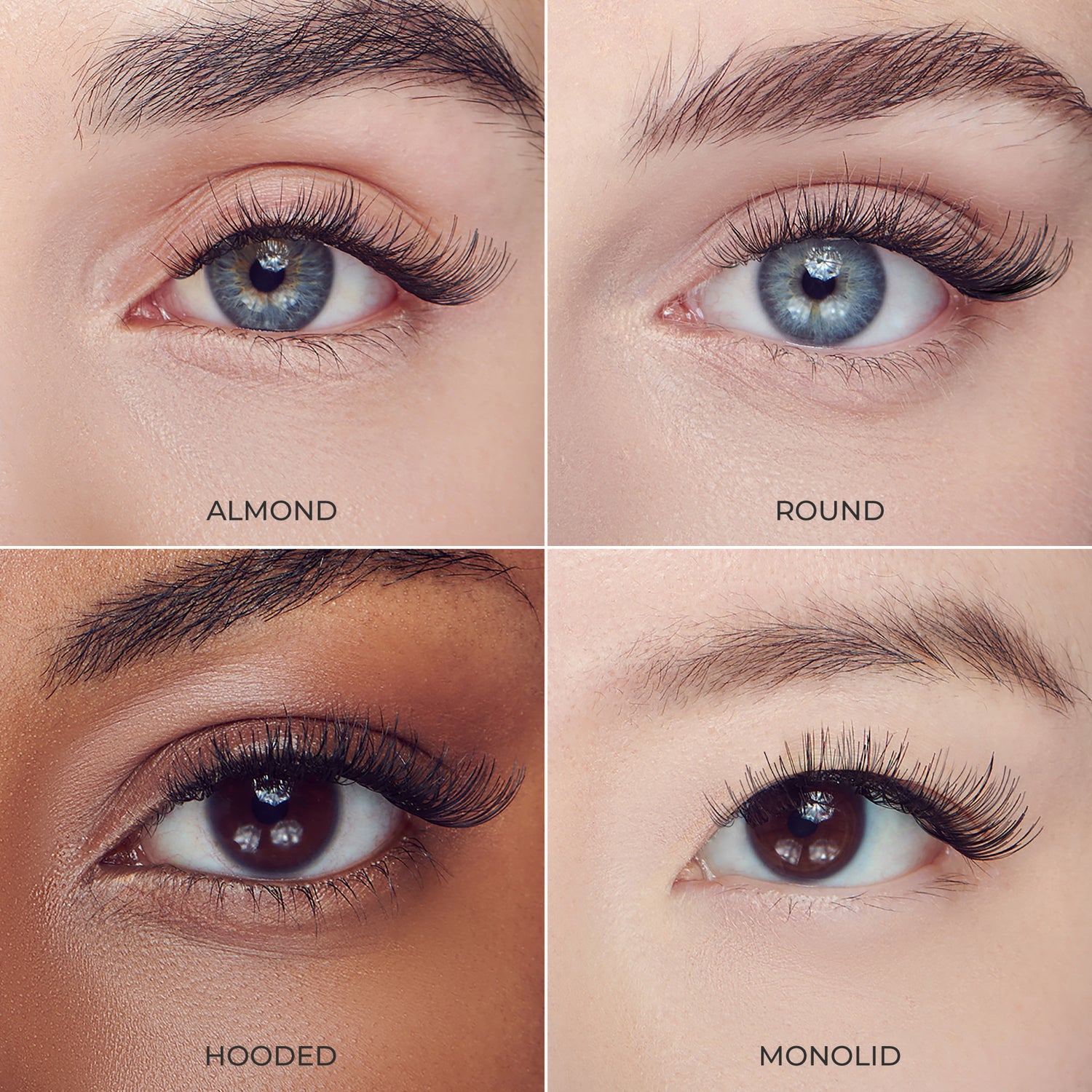Close-up of four eyes showing FALSCARA Wisps in different styles labeled Almond, Round, Hooded, and Monolid, highlighting natural, wispy lashes on diverse skin tones.