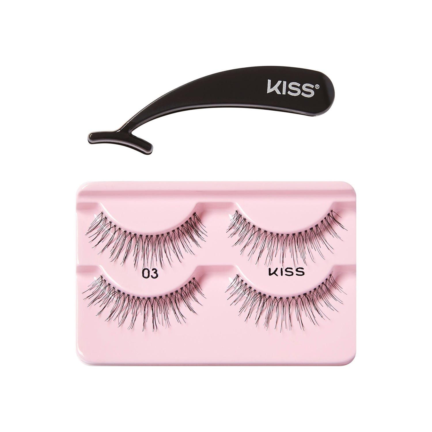 Two pairs of natural-looking false eyelashes labeled \