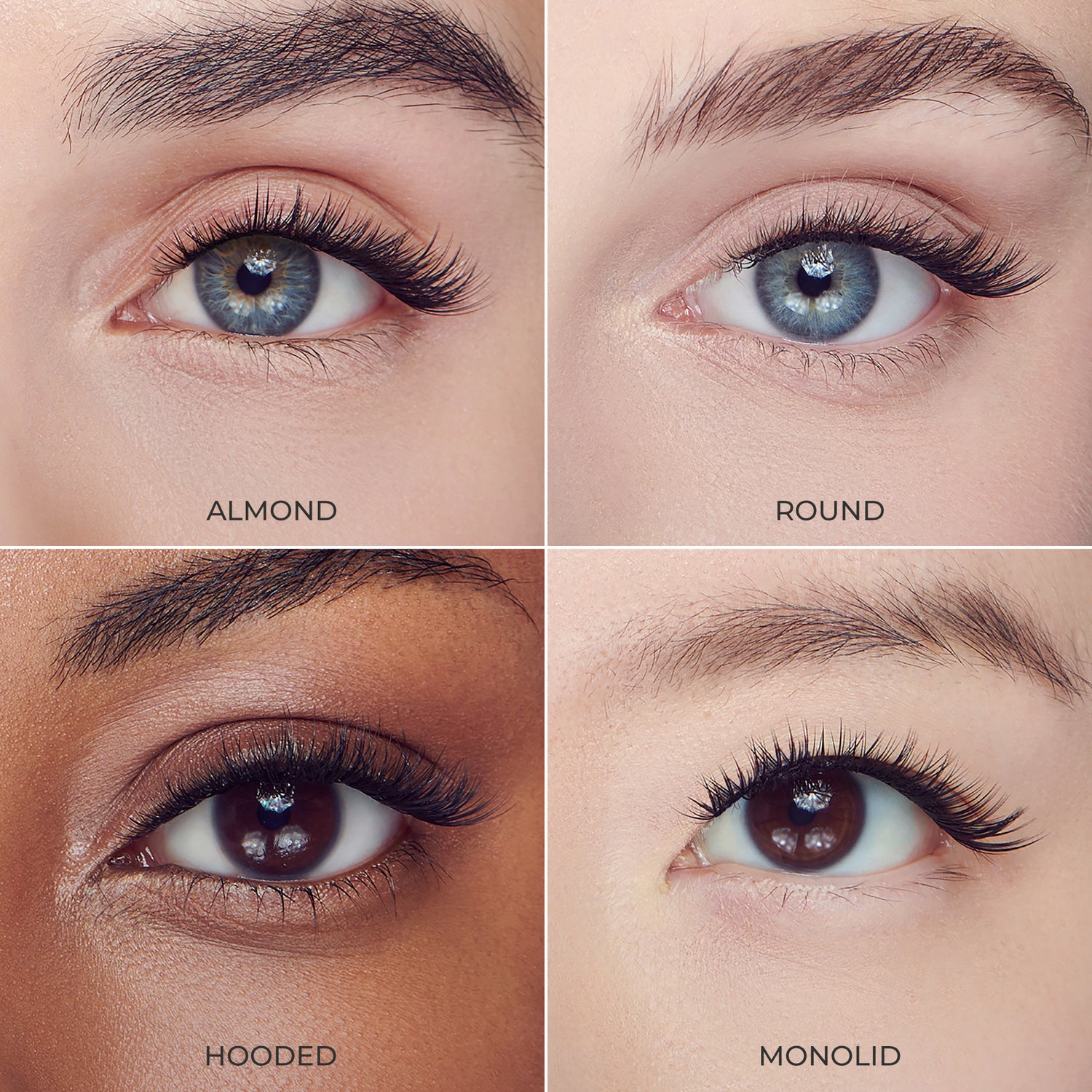 Close-up collage of four different eyes wearing FALSCARA Wisps Petite Volume lashes, labeled Almond, Round, Hooded, and Monolid, showing lash styles on varying eye shapes.