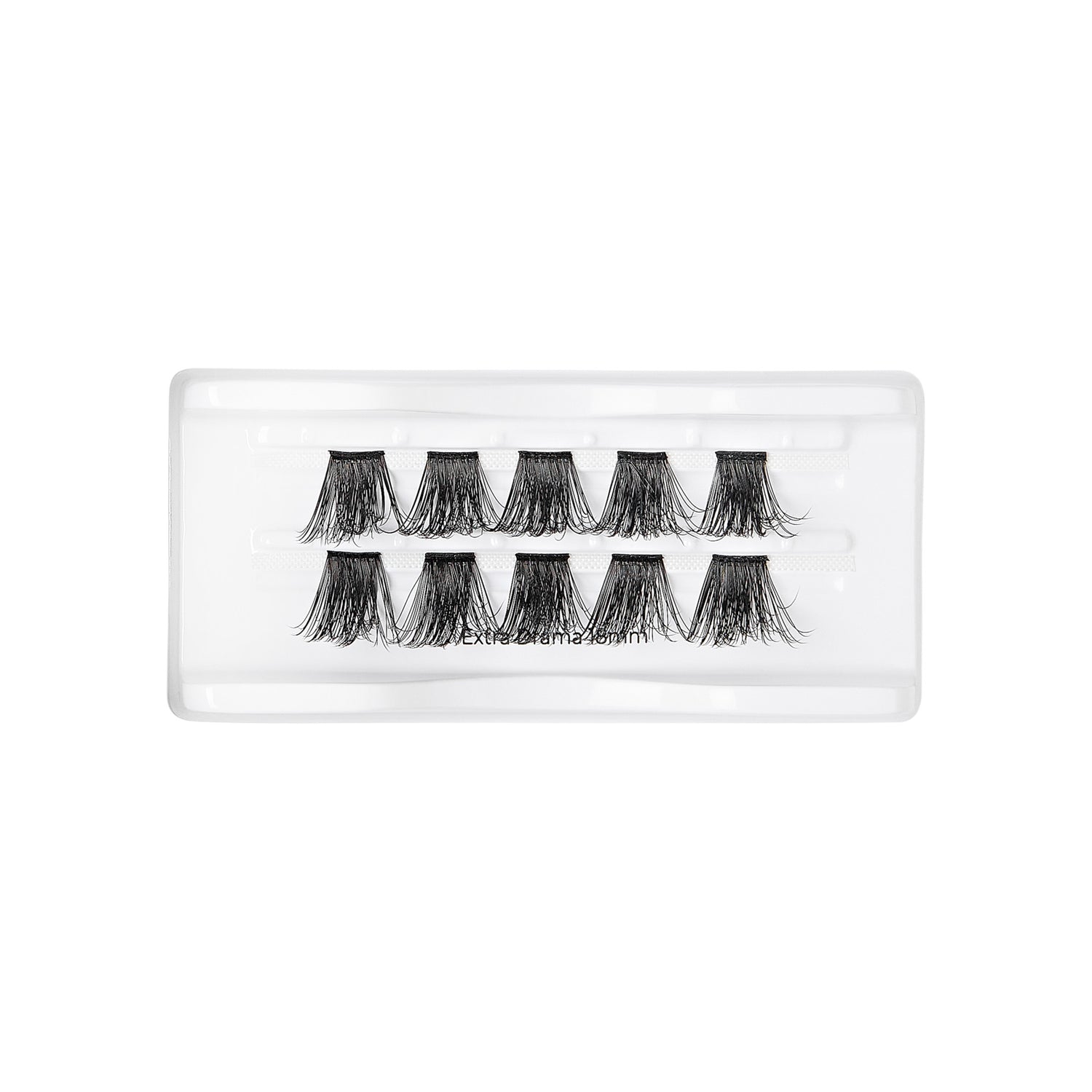 Black wispy false eyelash clusters arranged in two rows of five inside a clear plastic tray, labeled \