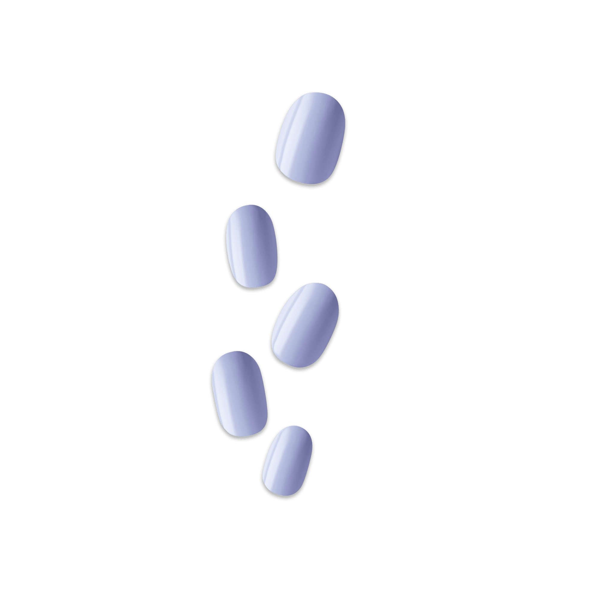 Glossy periwinkle blue press-on nails shown in an ascending arrangement on a transparent background, no text present.