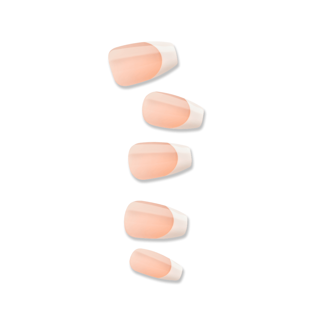Set of five French press on nails in soft peach with natural-looking white tips, shown against a plain background.
