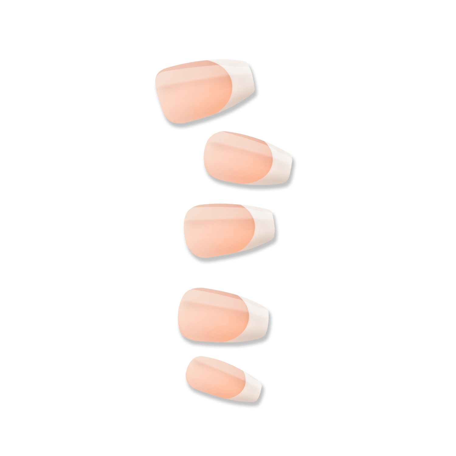 Set of five French press on nails in soft peach with natural-looking white tips, shown against a plain background.
