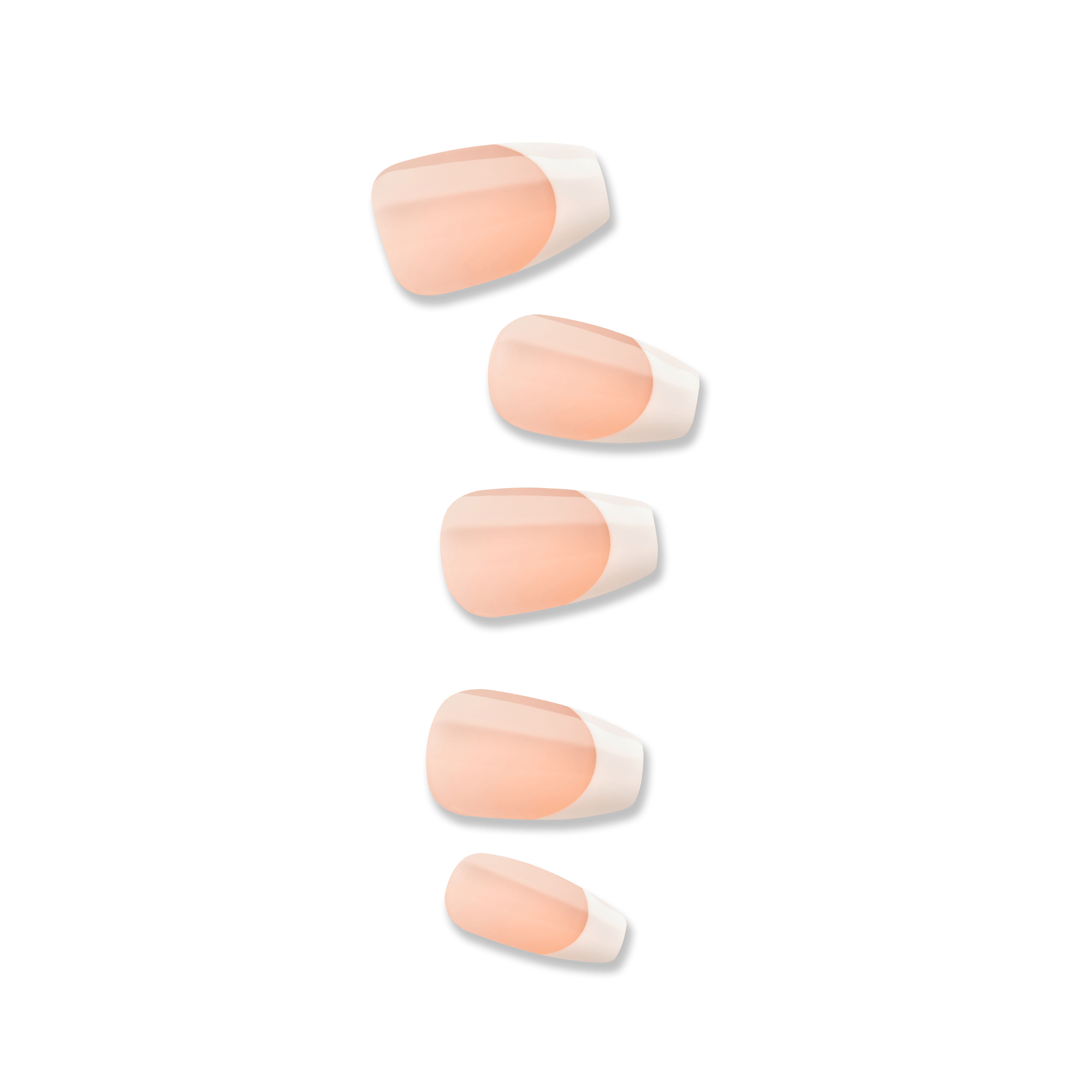 Set of five French press on nails in soft peach with natural-looking white tips, shown against a plain background.