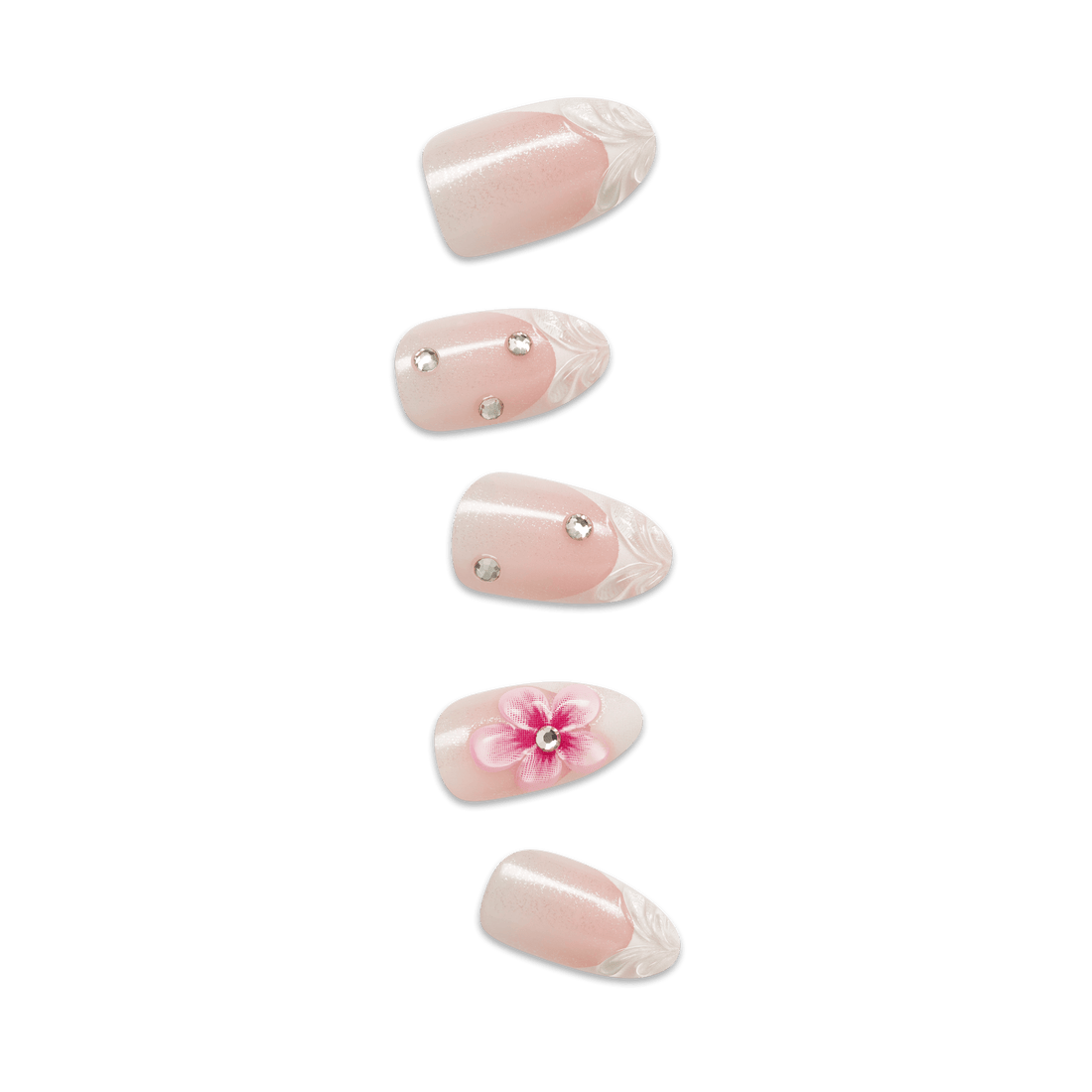 Five almond-shaped press-on nails with nude pink base, white feather details, rhinestones, and pink flower design.