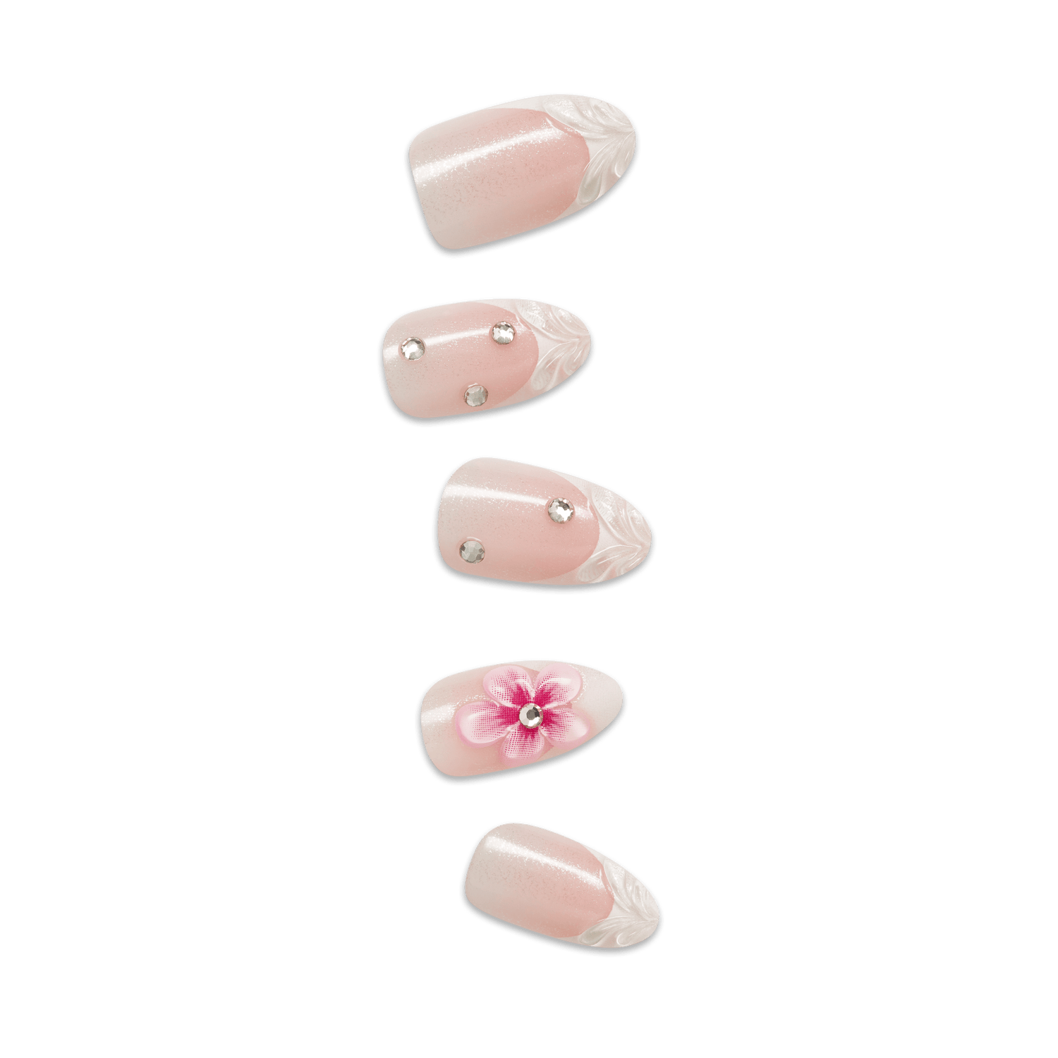 Five almond-shaped press-on nails with nude pink base, white feather details, rhinestones, and pink flower design.