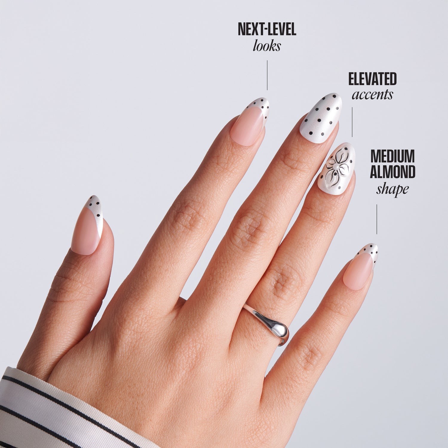 Kiss Glam Jeweled Press On Fake Glue Nails - Mood Pop | 3D &amp; Jeweled French Design, Black &amp; White, Medium, Almond
