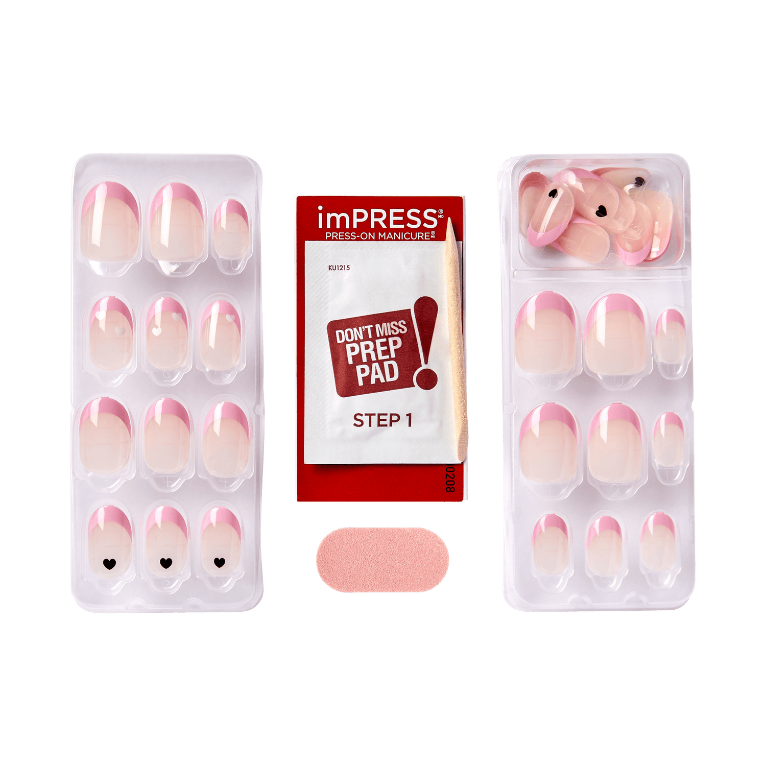 Two trays of imPRESS French Press On Nails in light pink with darker pink tips and small black heart accents, a red card with a prep pad labeled \
