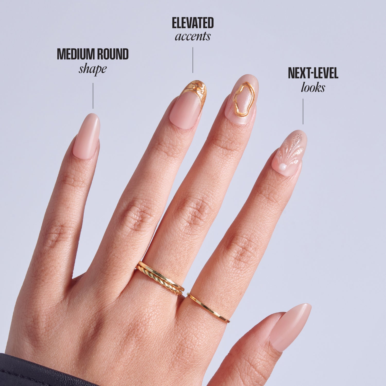 Four nail designs labeled: Medium Round Shape, Elevated Accents, and Next-Level Looks with gold accents.