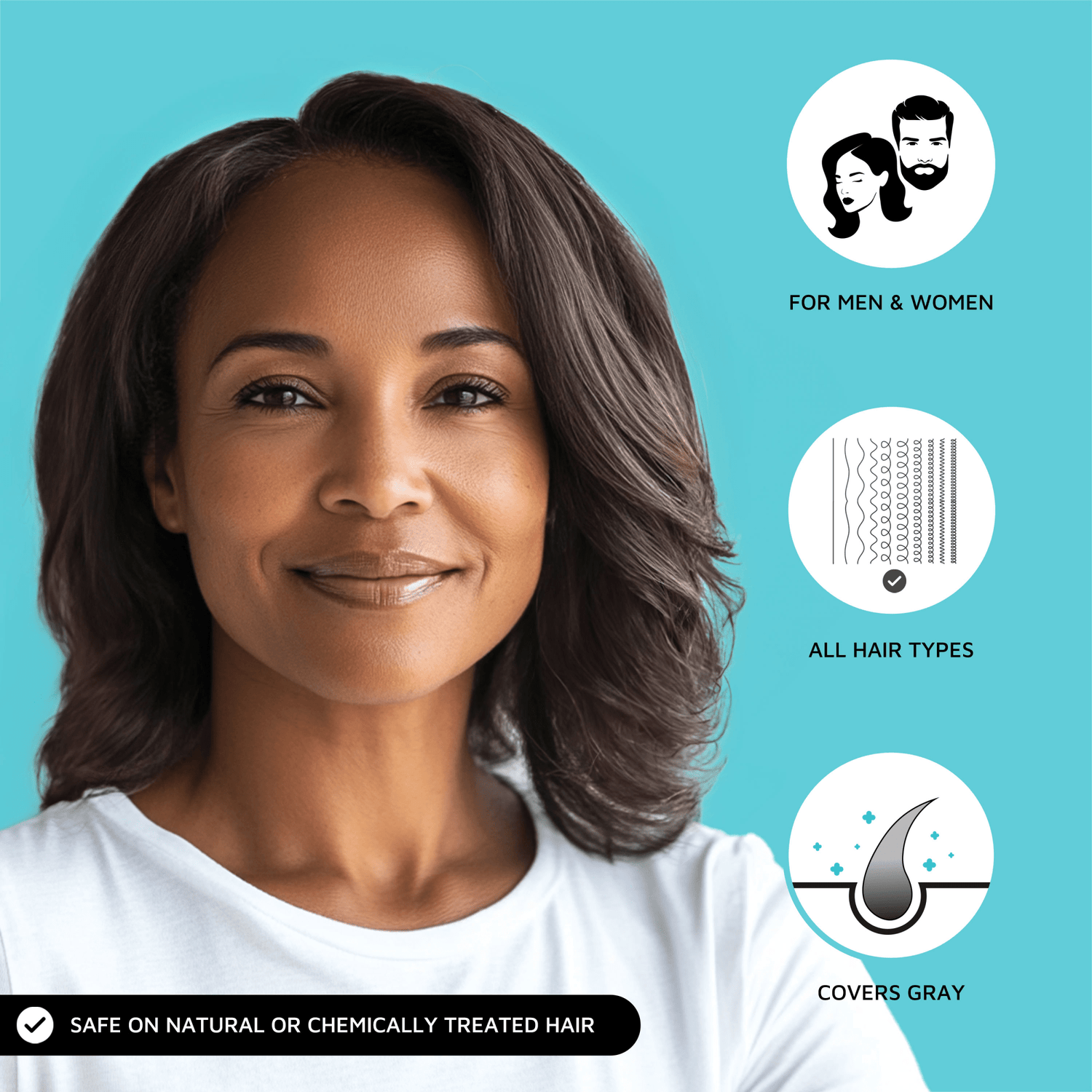 Smiling woman with dark brown hair on blue background, with icons indicating product is for men &amp; women, all hair types, covers gray, and safe on natural or chemically treated hair.