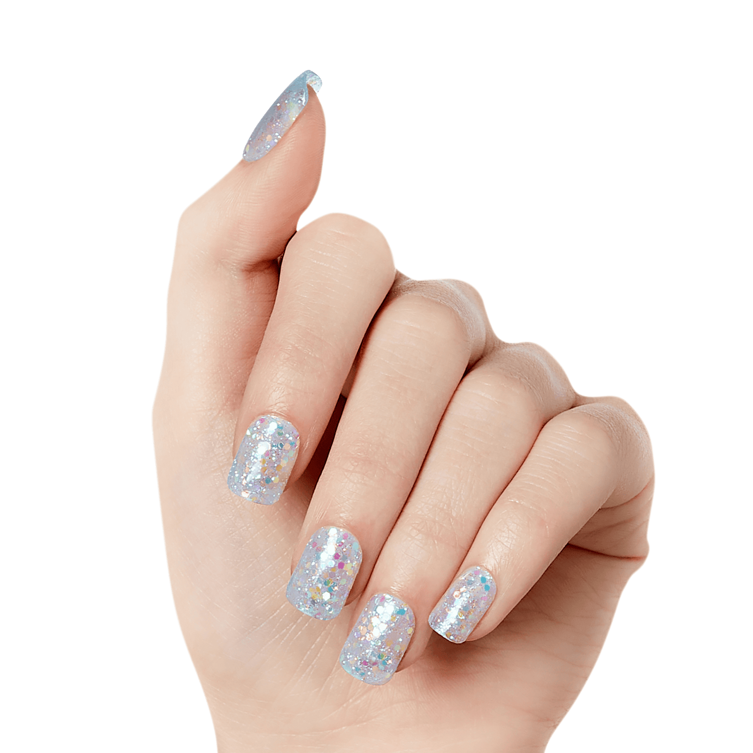 Hand wearing press-on nails with a translucent base and multi-colored glitter pieces, featuring a rounded square shape.
