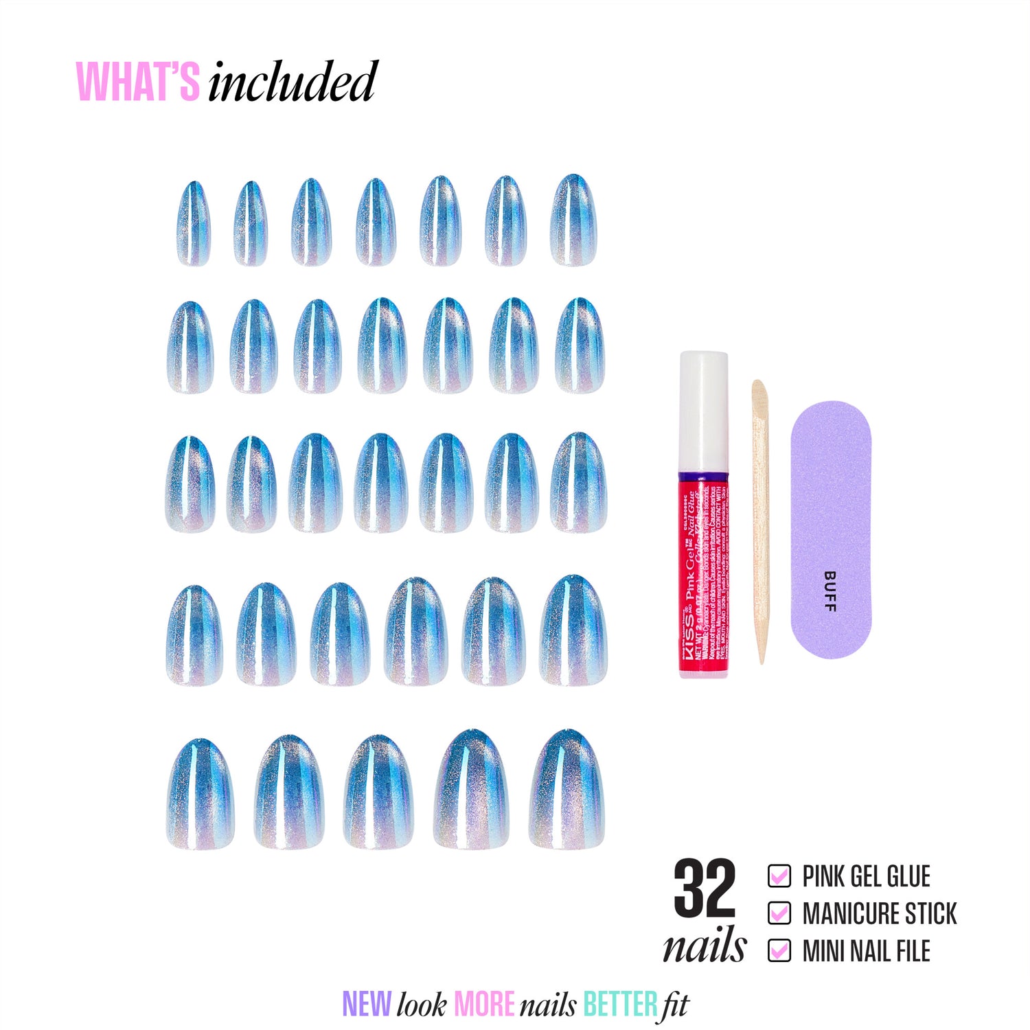 Blue ombre press-on nails set with gel glue, manicure stick, and file included.