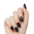 Hand displaying five glossy black press-on nails with a slightly rounded square shape, showcasing the KISS Gel Fantasy press-on nails in the Aim High style.