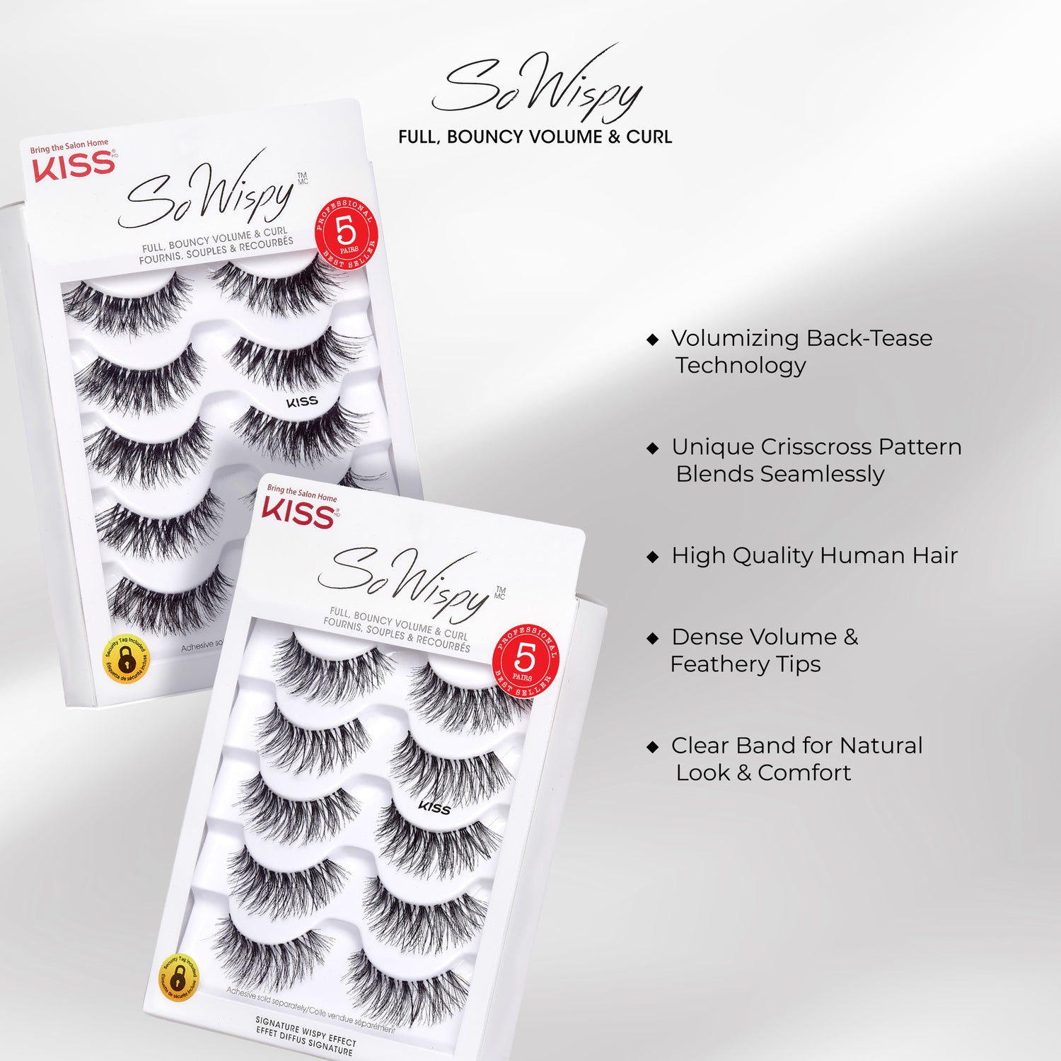 Two white rectangular packages of KISS So Wispy false eyelashes shown at an angle, each containing five pairs of wispy, voluminous lashes with a crisscross pattern.