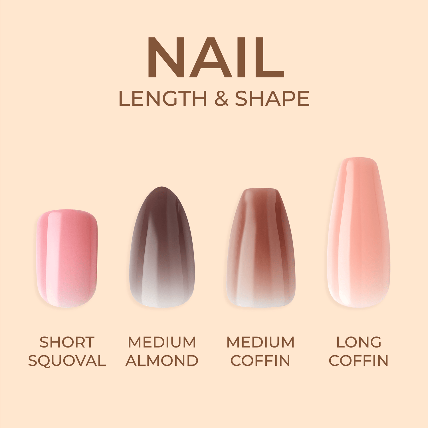 Four press-on nail shapes and lengths on a beige background labeled \