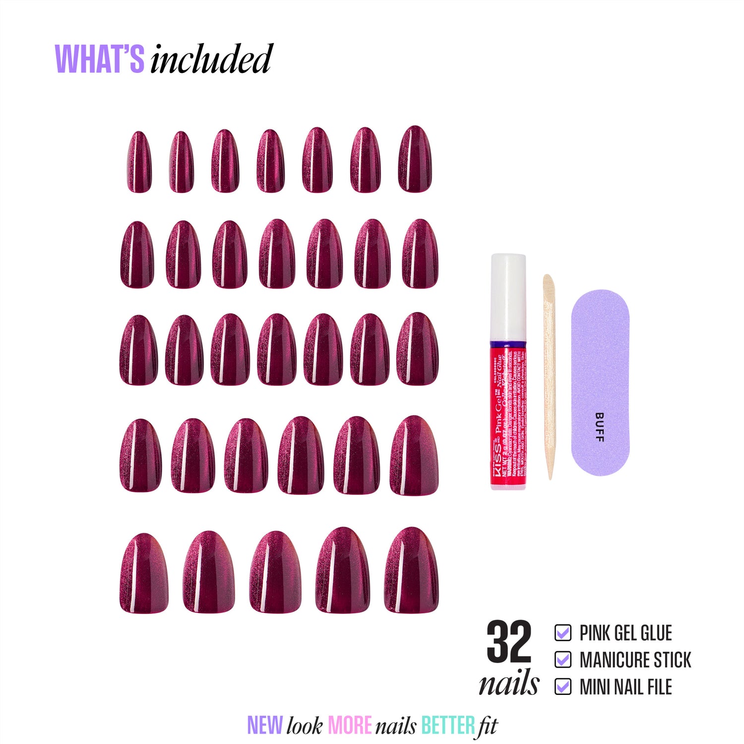 32 burgundy press-on nails with gel glue, manicure stick, and nail file included.