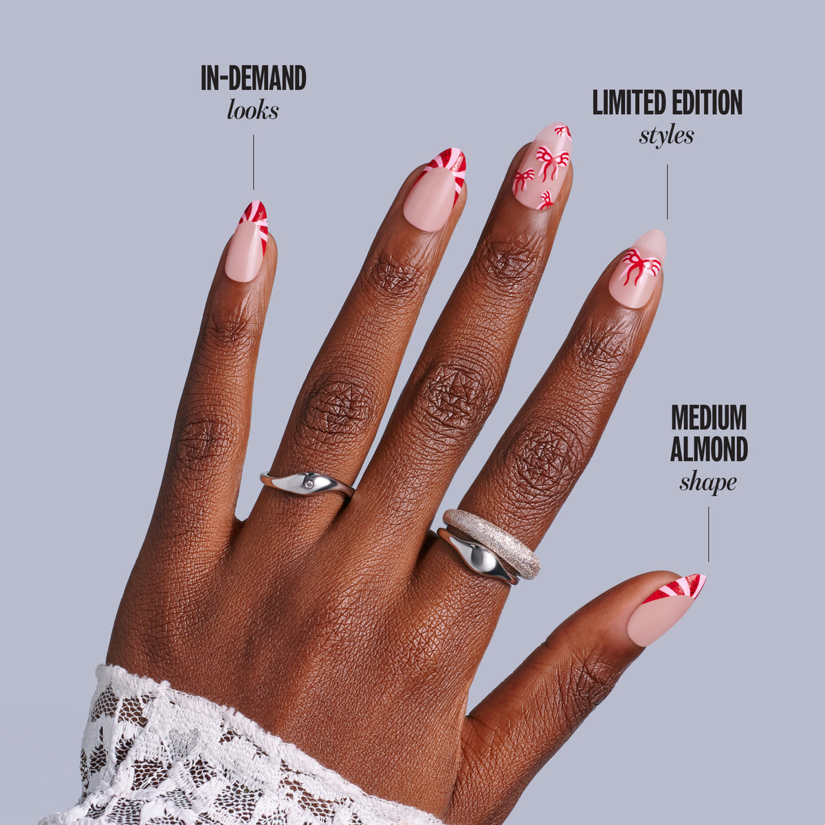 Kiss Merry Holiday Press On Fake Glue Nails - Twinkle All The Way | French Design, Red, Medium, Almond