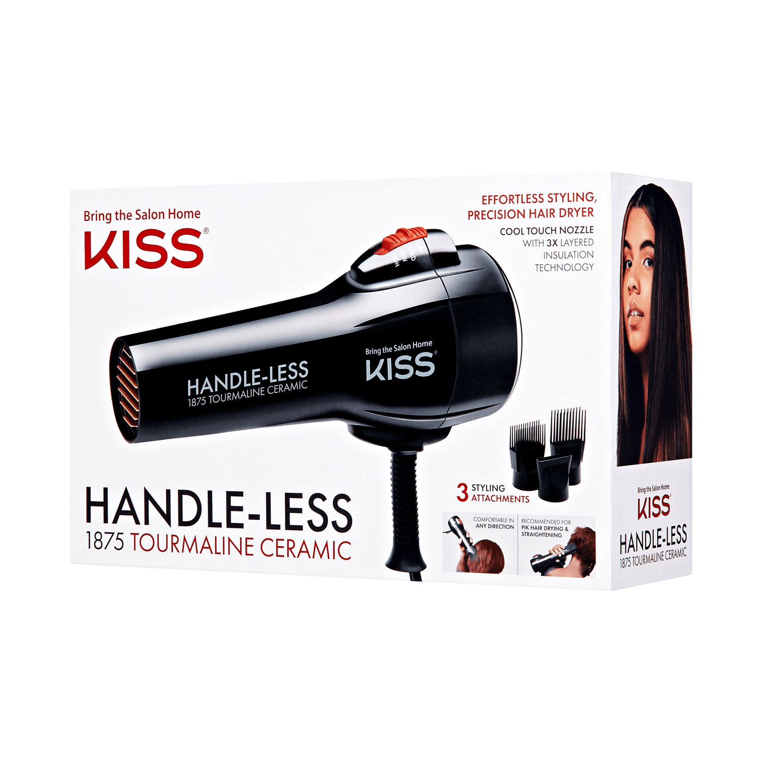 Black handle-less 1875 tourmaline ceramic hair dryer with red control switch shown on white box, featuring 3 styling attachments and a model with long straight hair. Text highlights effortless styling, cool touch nozzle, and layered insulation technology.