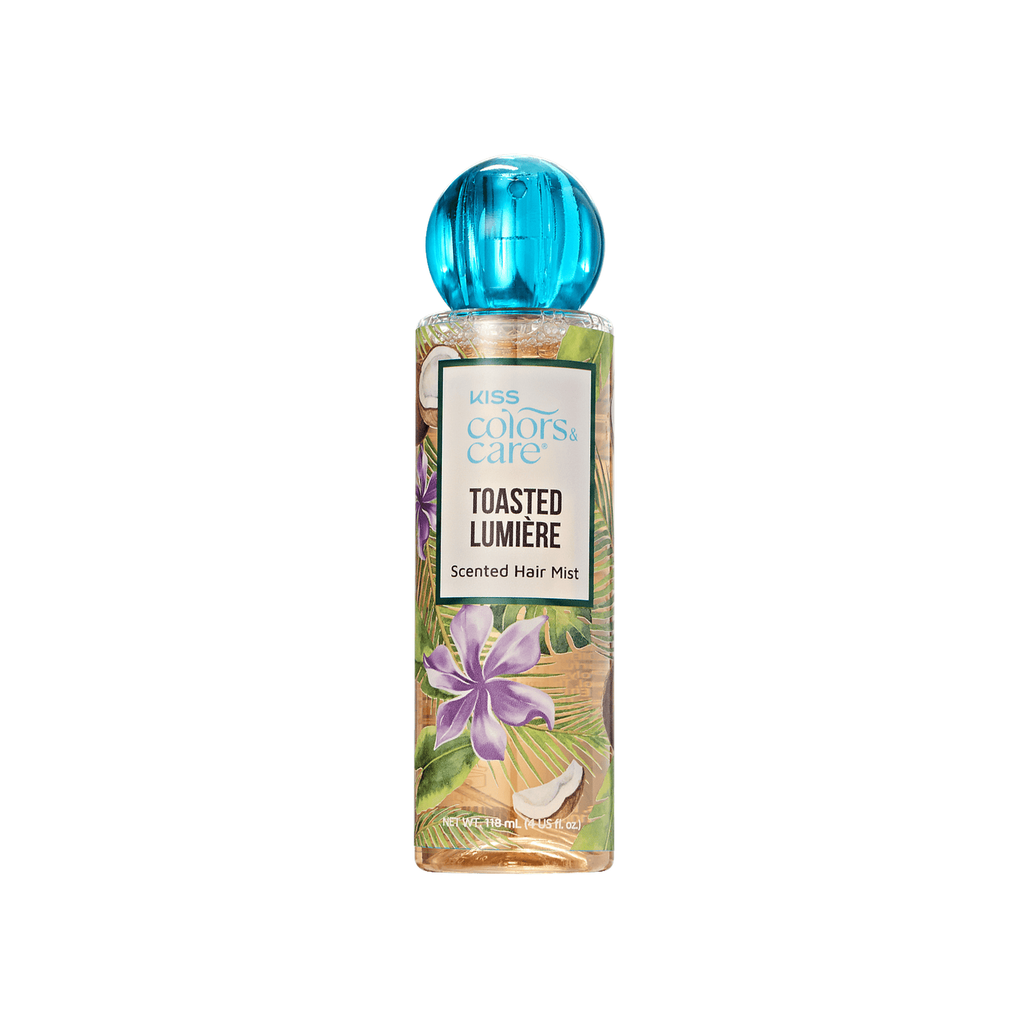 Clear 4 oz spray bottle of KISS Colors &amp; Care Toasted Lumière scented hair mist with blue round cap and floral coconut design.