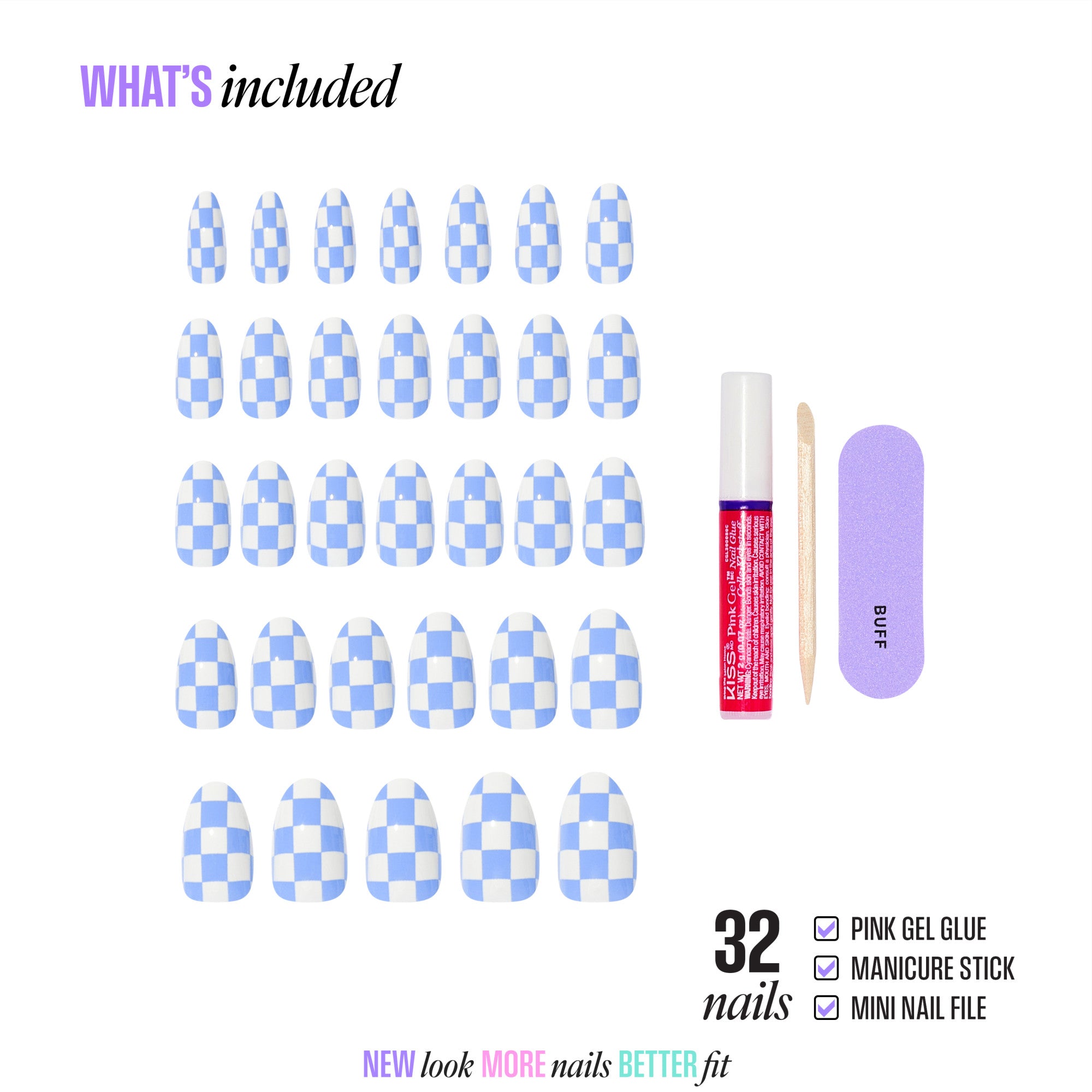 32 blue checkered press-on nails with pink gel glue, manicure stick, and mini file included.