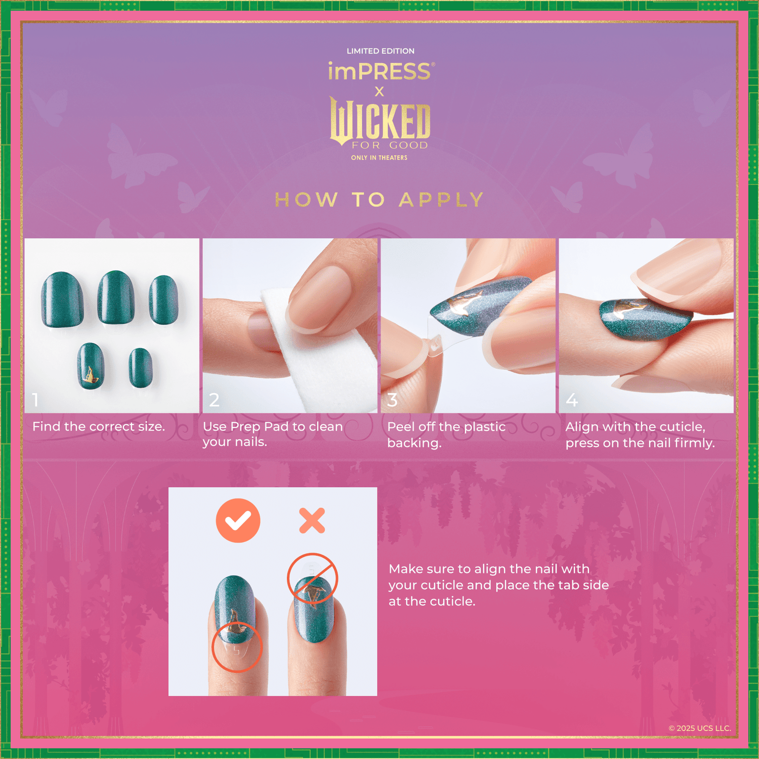 Limited edition imPRESS x Wicked For Good press-on nails application guide with teal nail designs, step-by-step photos, and alignment tips.