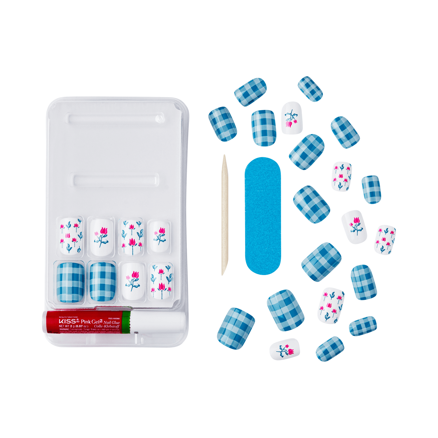 Clear plastic tray containing 20 press-on nails with blue gingham and white floral patterns, a wooden cuticle stick, blue nail file, and red Kiss Pink Gel nail glue.