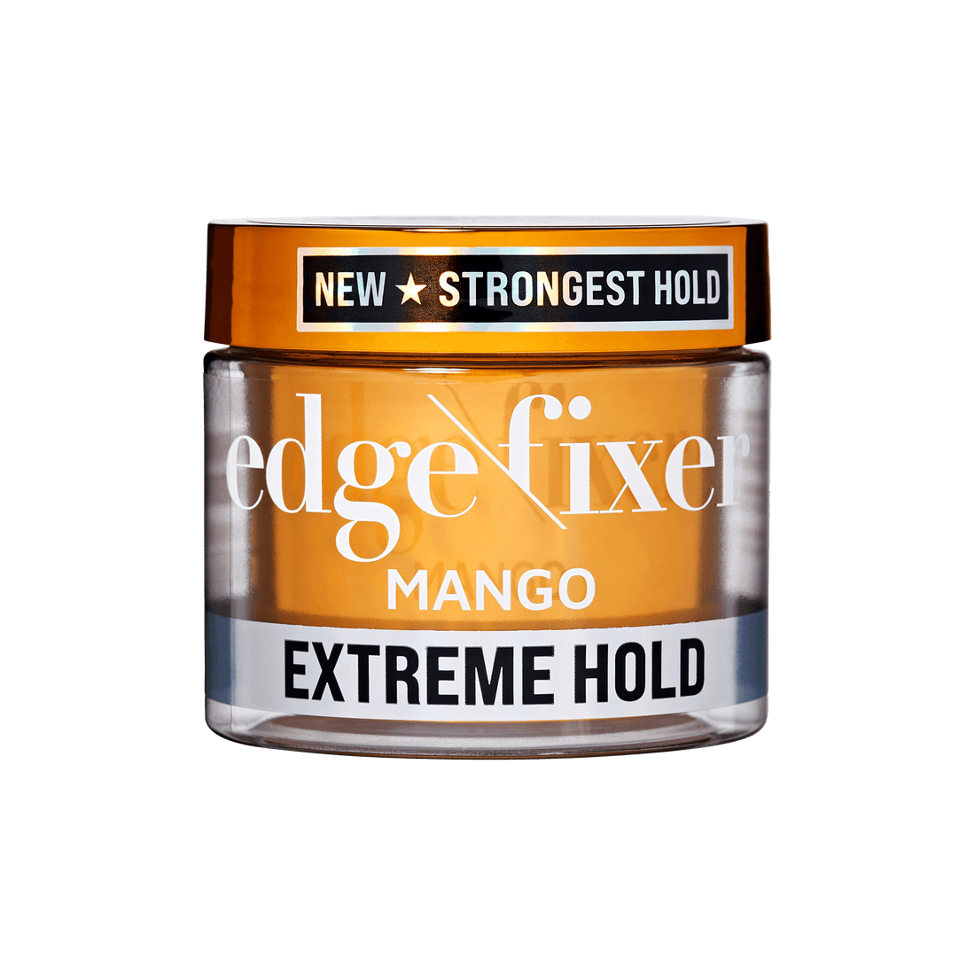 Clear jar of KISS Colors &amp; Care Edge Fixer Extreme Hold Gel with orange lid, labeled "NEW STRONGEST HOLD" and "MANGO EXTREME HOLD."