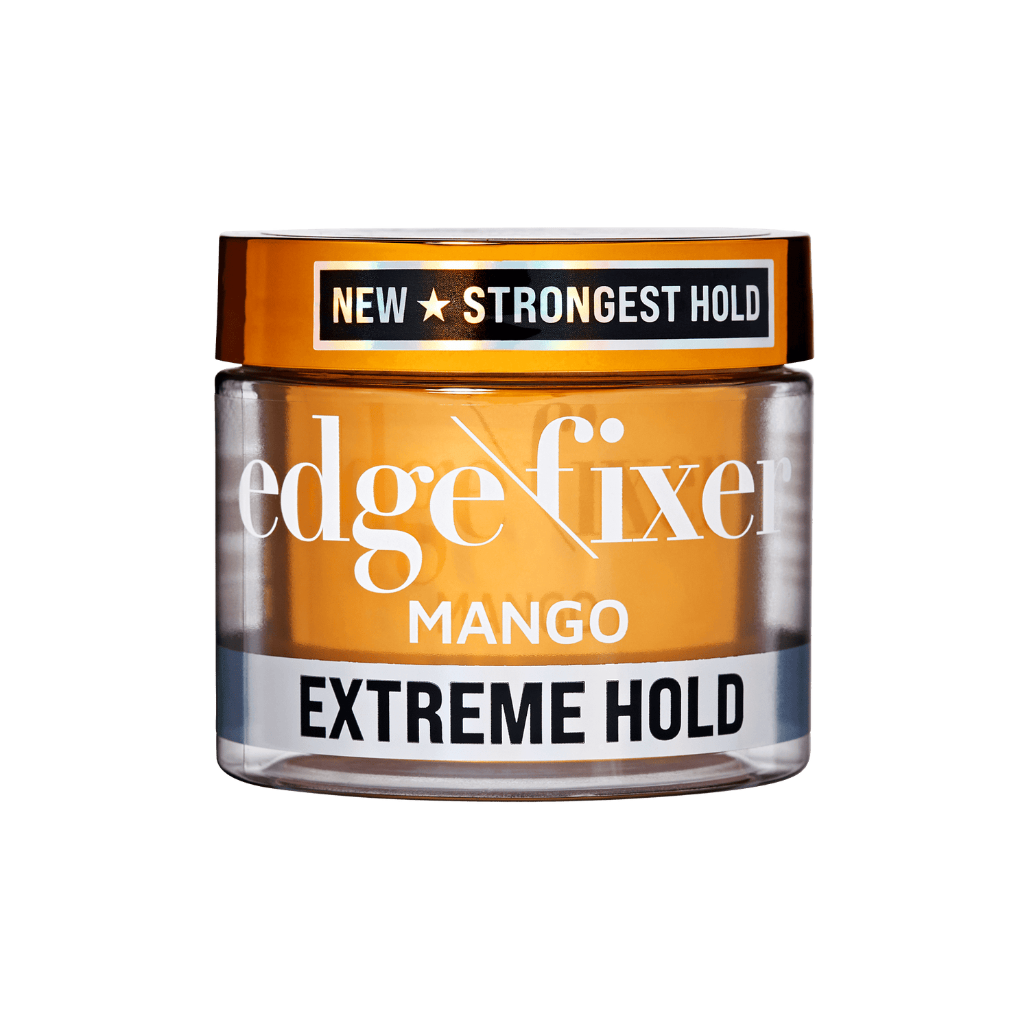 Clear jar of KISS Colors &amp; Care Edge Fixer Extreme Hold Gel with orange lid, labeled "NEW STRONGEST HOLD" and "MANGO EXTREME HOLD."