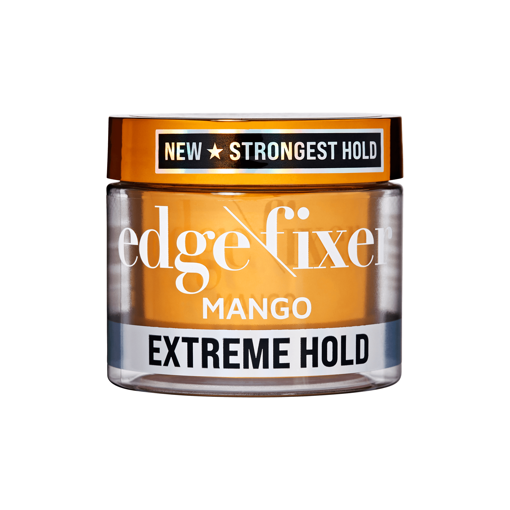 Clear jar of KISS Colors &amp; Care Edge Fixer Extreme Hold Gel with orange lid, labeled "NEW STRONGEST HOLD" and "MANGO EXTREME HOLD."