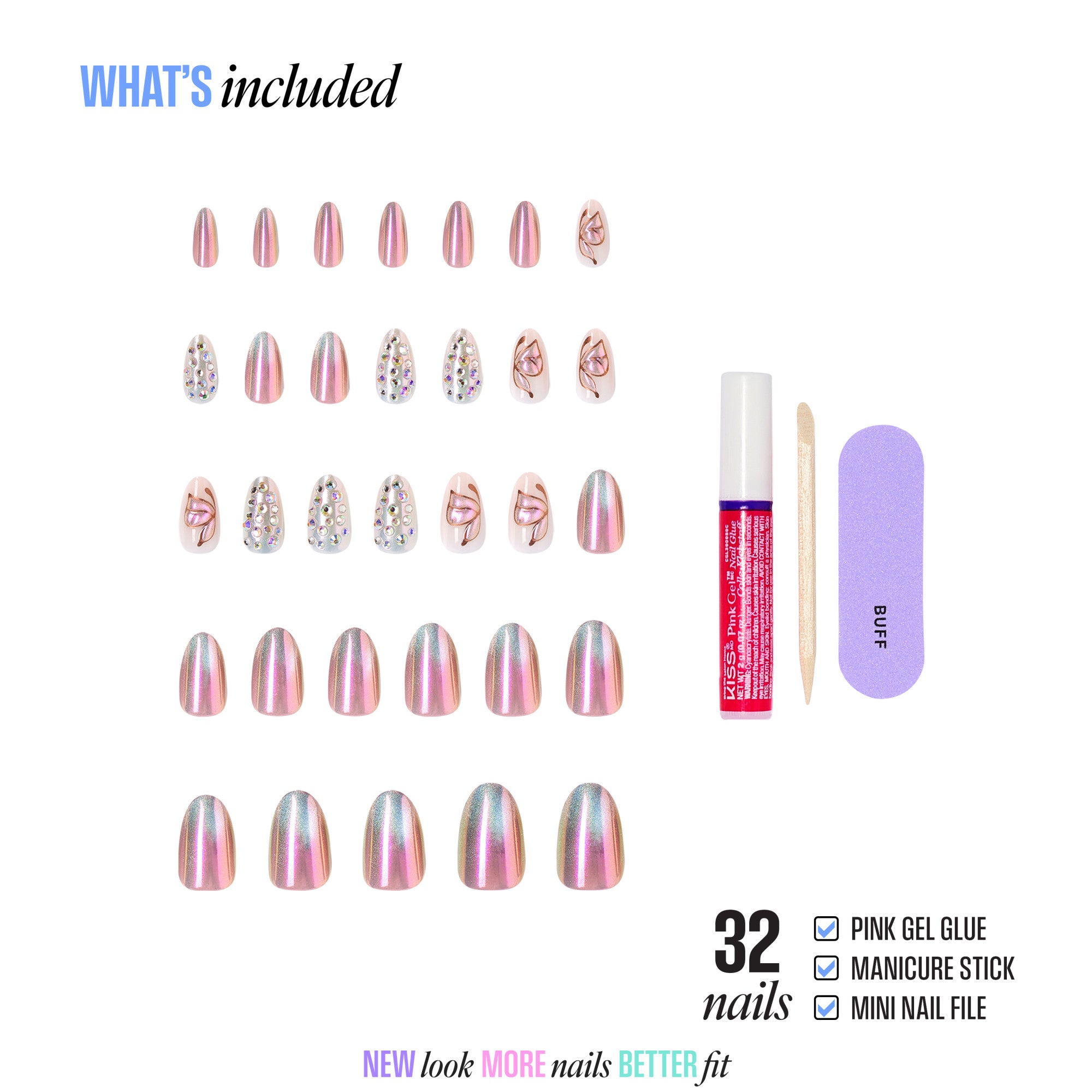 32 press-on nails in pink metallic and patterned designs with gel glue, manicure stick, and nail file.