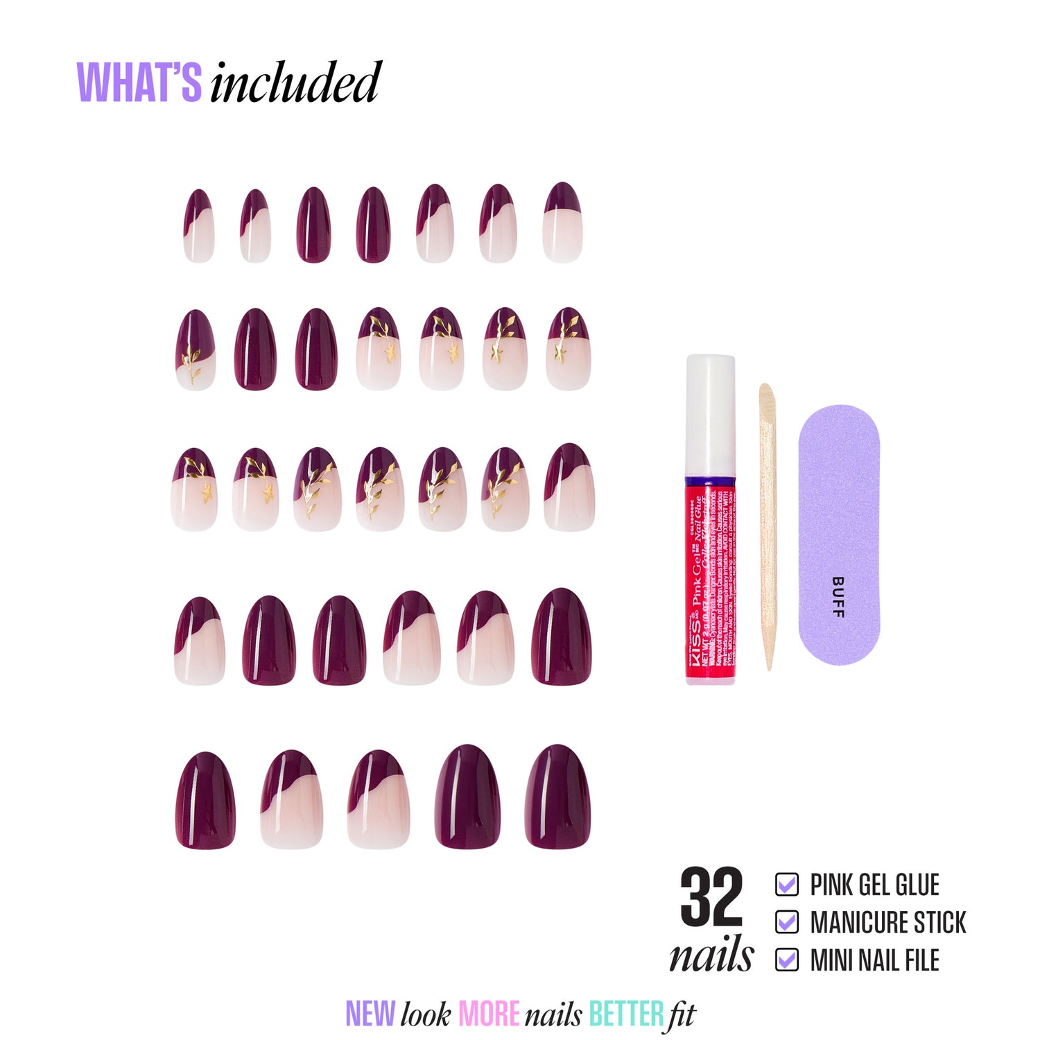 Kiss Core Design Press On Fake Glue Nails - Soft Glow | French Design, Purple, Medium, Almond