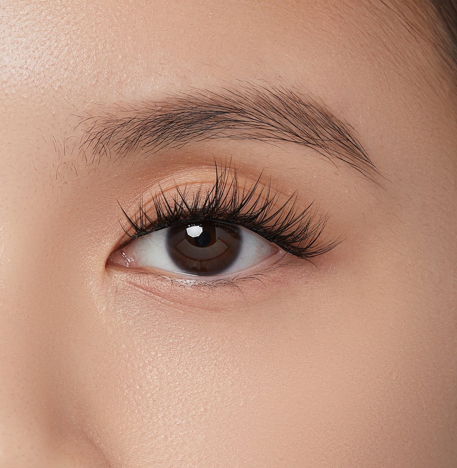 Close-up of a brown eye with long, voluminous self-adhesive false eyelashes applied, highlighting a natural yet dramatic lash look.