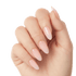 Hand with five long, almond-shaped press-on gel nails in a glossy, soft nude pink shade, displayed against a white background.