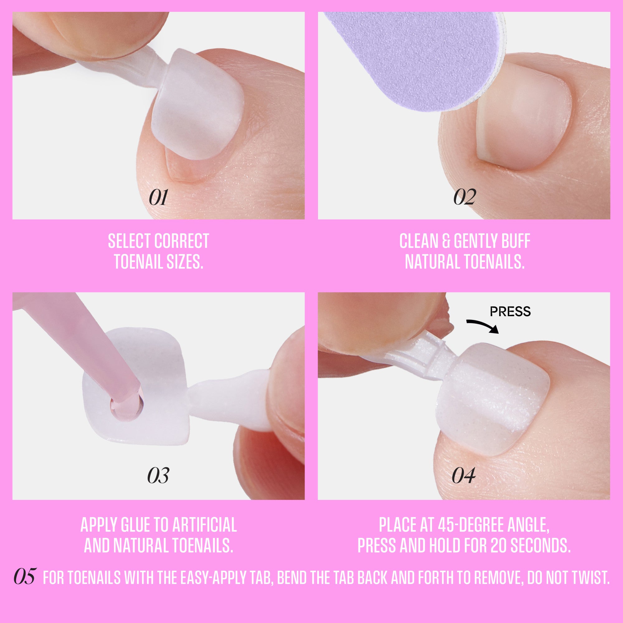 Step-by-step guide for applying artificial nails with sizing, buffing, glue application, and pressing instructions.
