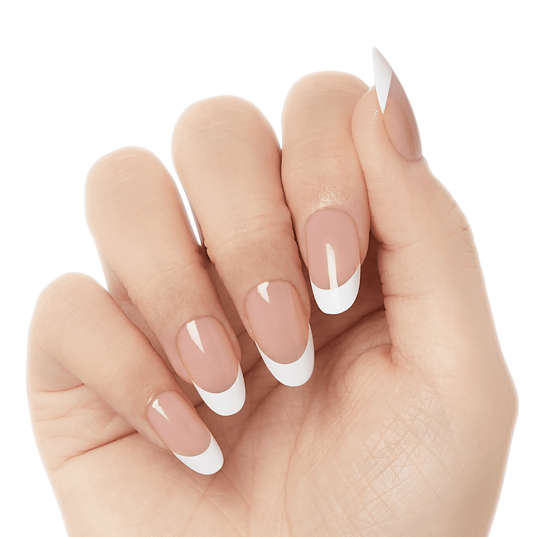 Hand with long, glossy soft gel nails in a natural pink shade with classic white French tips, shown in a slightly curled pose.