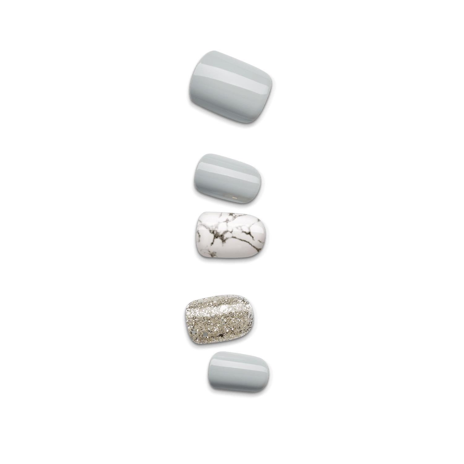 Set of five press-on nail tips in a vertical row, featuring glossy light gray, white marble pattern, and gold glitter finishes.
