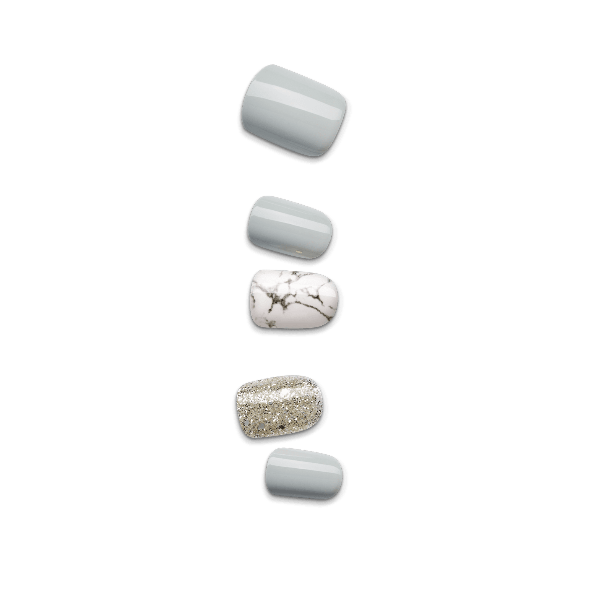 Set of five press-on nail tips in a vertical row, featuring glossy light gray, white marble pattern, and gold glitter finishes.