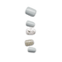 Set of five press-on nail tips in a vertical row, featuring glossy light gray, white marble pattern, and gold glitter finishes.