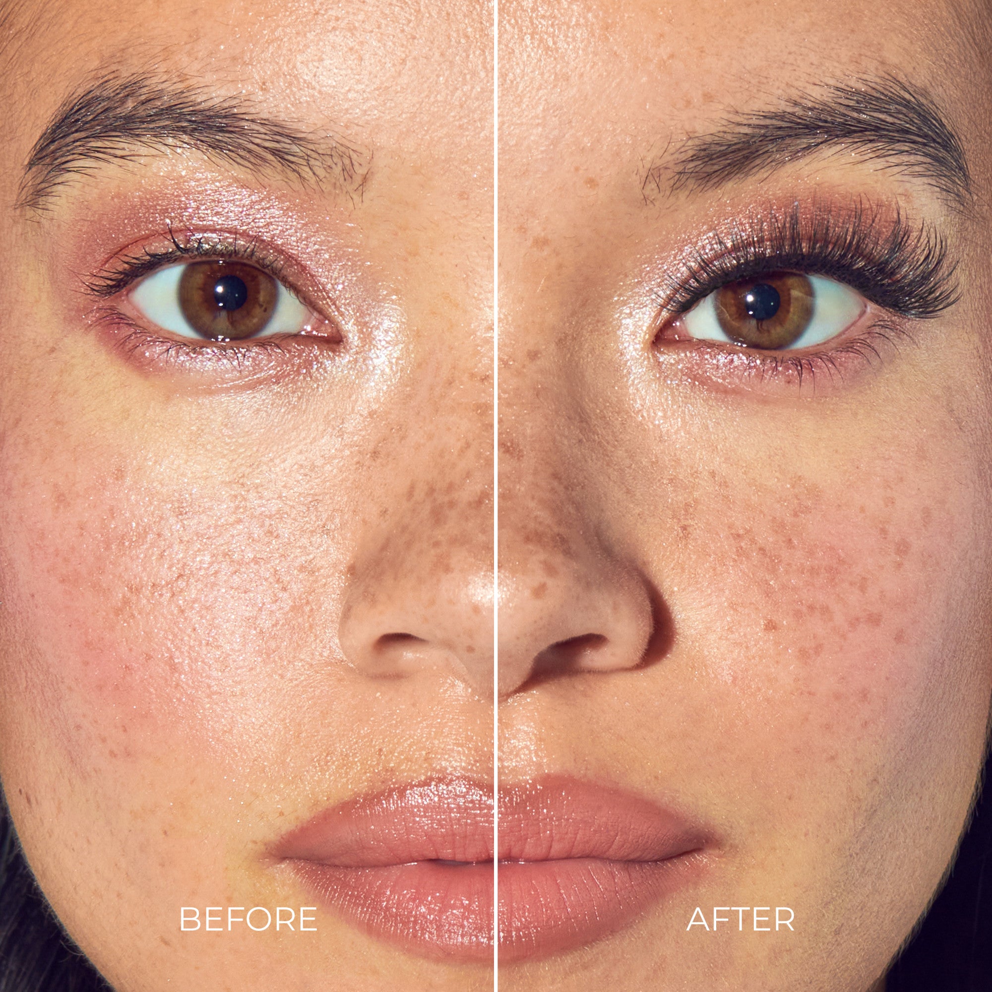 Before and after lash extension application showing fuller, darker lashes on right side.