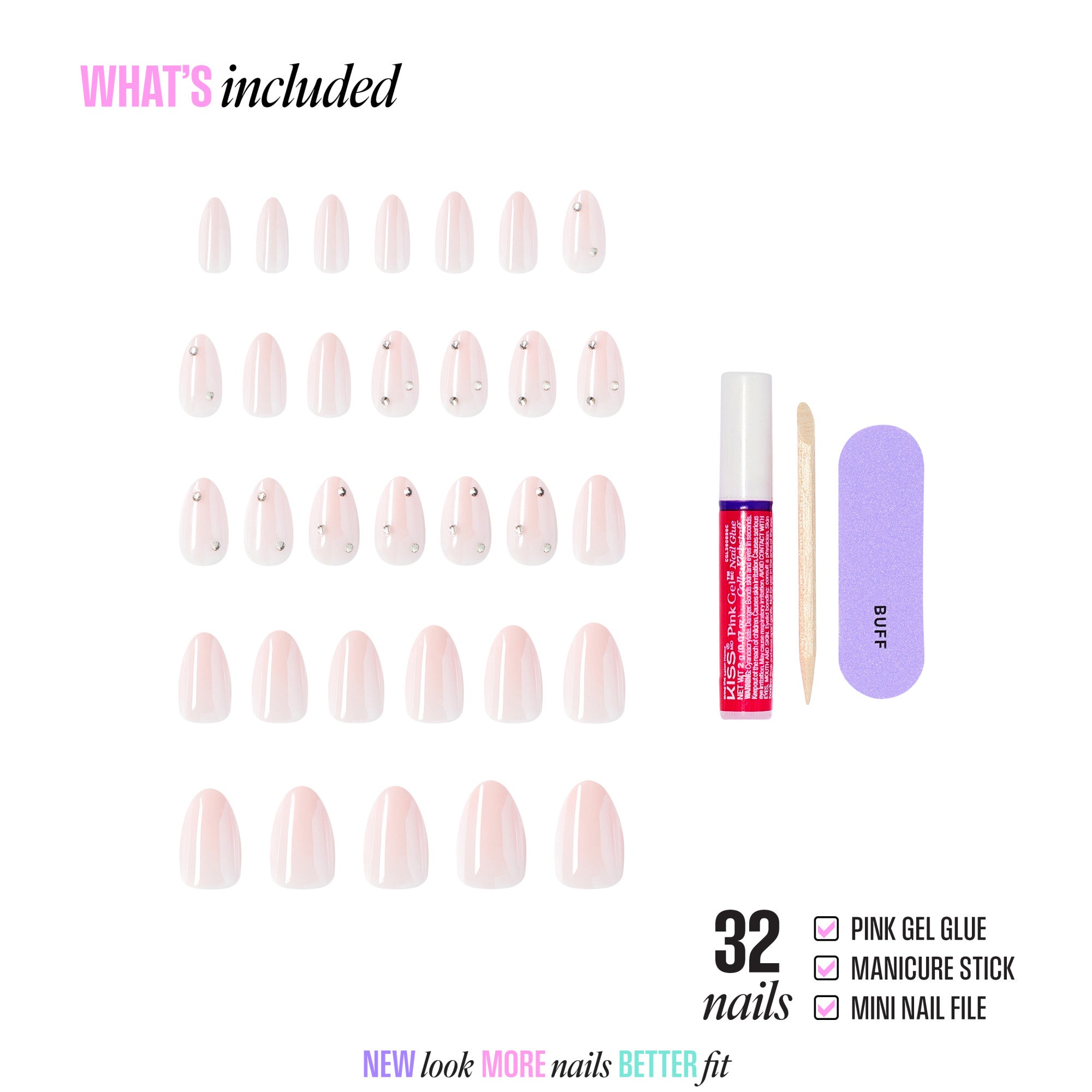 Kiss Glam Jeweled Press On Fake Glue Nails - Candy Dust | 3D &amp; Jeweled, Pink, Medium, Almond